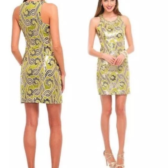 $358.00 NWT LILLY PULITZER METALLIC GREEN PEARL DRESS VINTAGE BROCADE - Picture 2 of 11